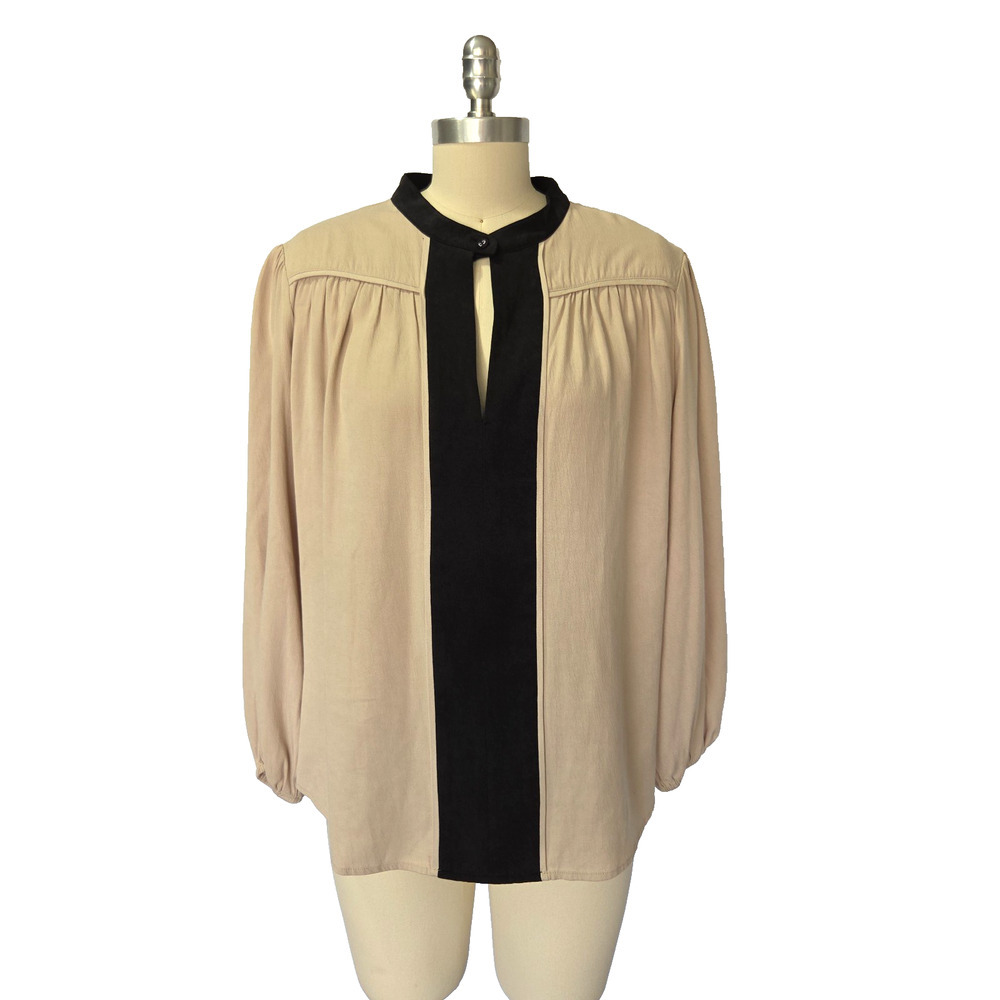 The Odells Contrast Blouse Size M Tan Black Classic Neutrals Capsule Career
